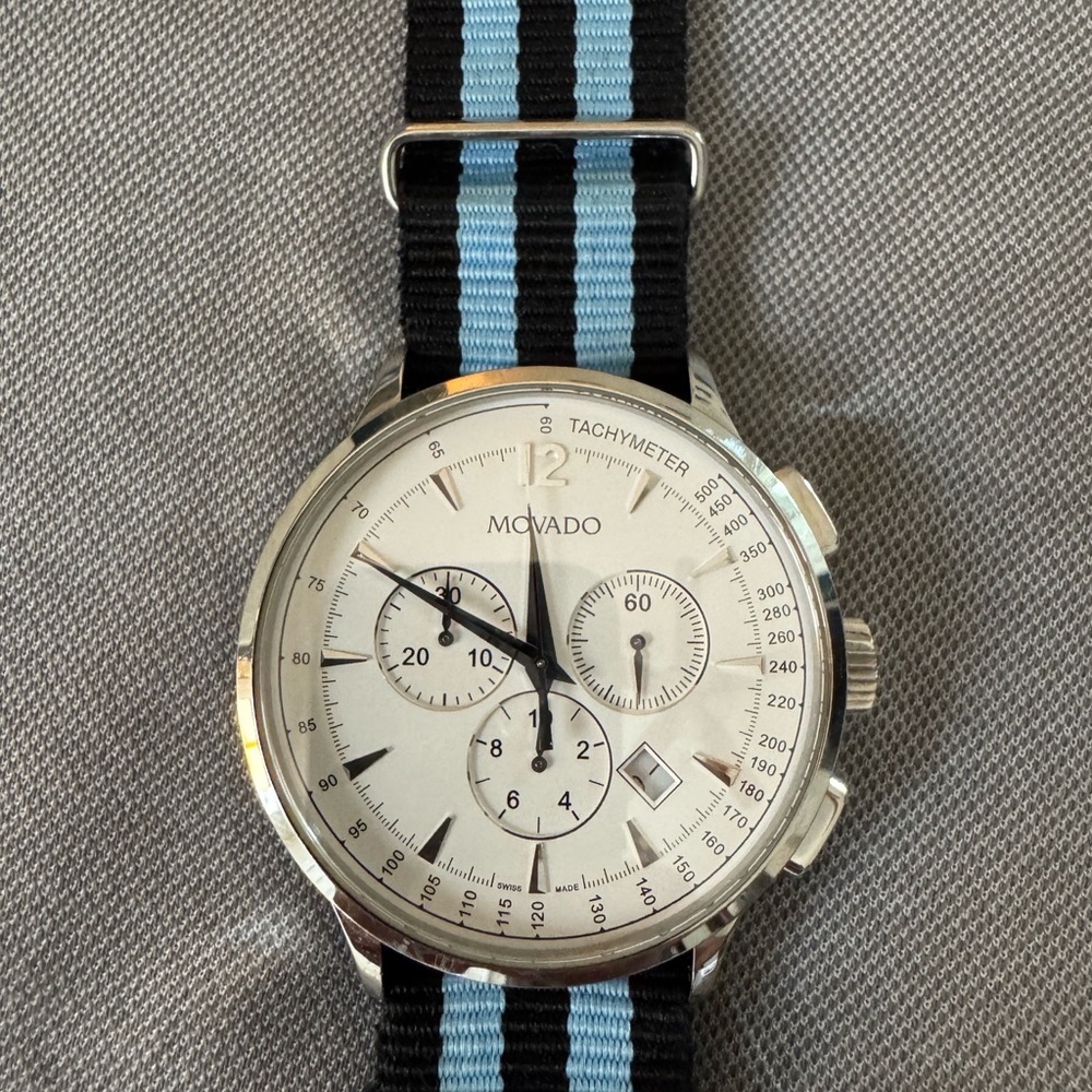 Movado Circa Chronograph with Black and Light Blue NATO Strap